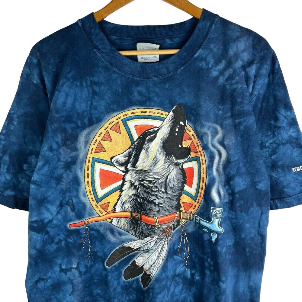 VTG Y2K 2002 Optima Sz L Shirt Wolf Aztec Navajo Native Tie Dye Animal Tombstone